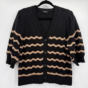 Rails Cardigan Sweater Womens XL Black Camel Stripe Isla Puff Sleeve Button